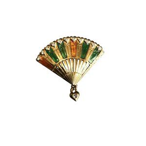 Antique Monet Fan-Shaped Brooch With Green & Orange Crystals Gold Tone
